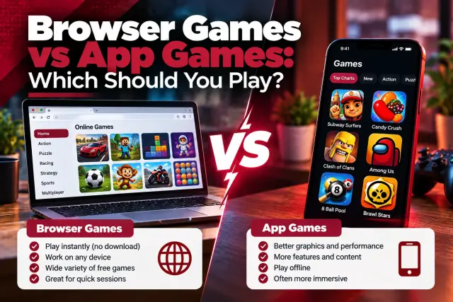 A laptop with browser games facing a phone with app games, comparing the pros of each, with the title Browser Games vs App Games: Which Should You Play?