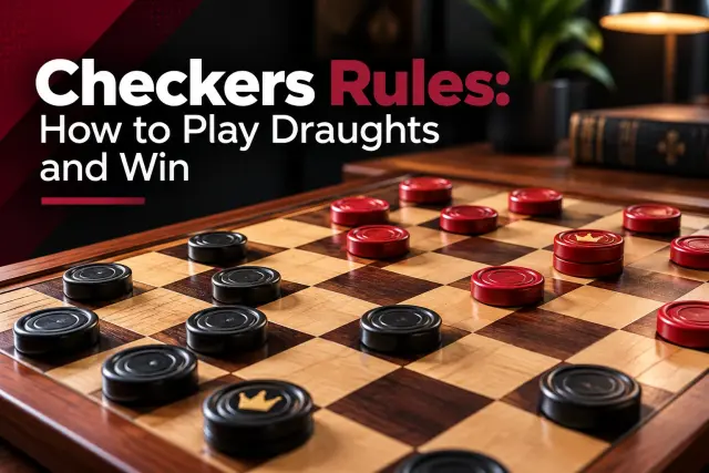 Red and black checkers pieces, including two crowned kings, on a wooden board, with the title Checkers Rules: How to Play Draughts and Win