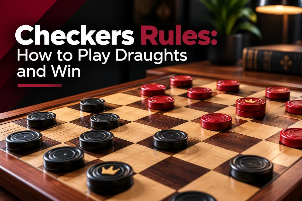 Red and black checkers pieces, including two crowned kings, on a wooden board, with the title Checkers Rules: How to Play Draughts and Win