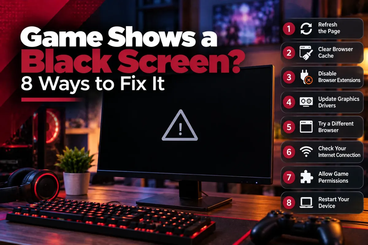 A computer monitor showing a black screen with a warning sign, beside eight numbered fixes such as refreshing the page and trying a different browser