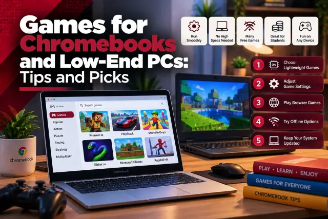 A Chromebook on a desk showing a browser game site next to an older laptop, with five tips for playing games on low-end PCs