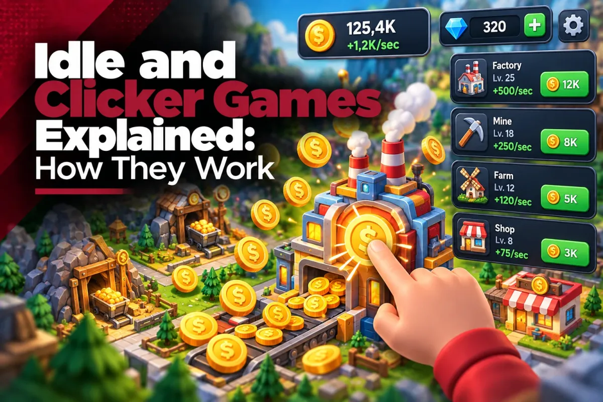 A cartoon finger taps a coin factory while upgrades for a mine, farm and shop earn coins per second, with the title Idle and Clicker Games Explained