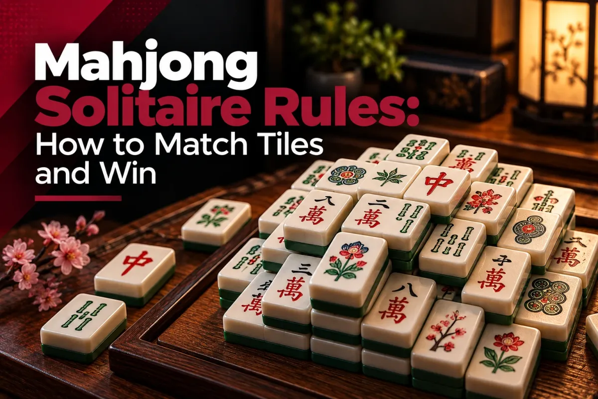 A stacked layout of mahjong tiles on a wooden table, with the title Mahjong Solitaire Rules: How to Match Tiles and Win