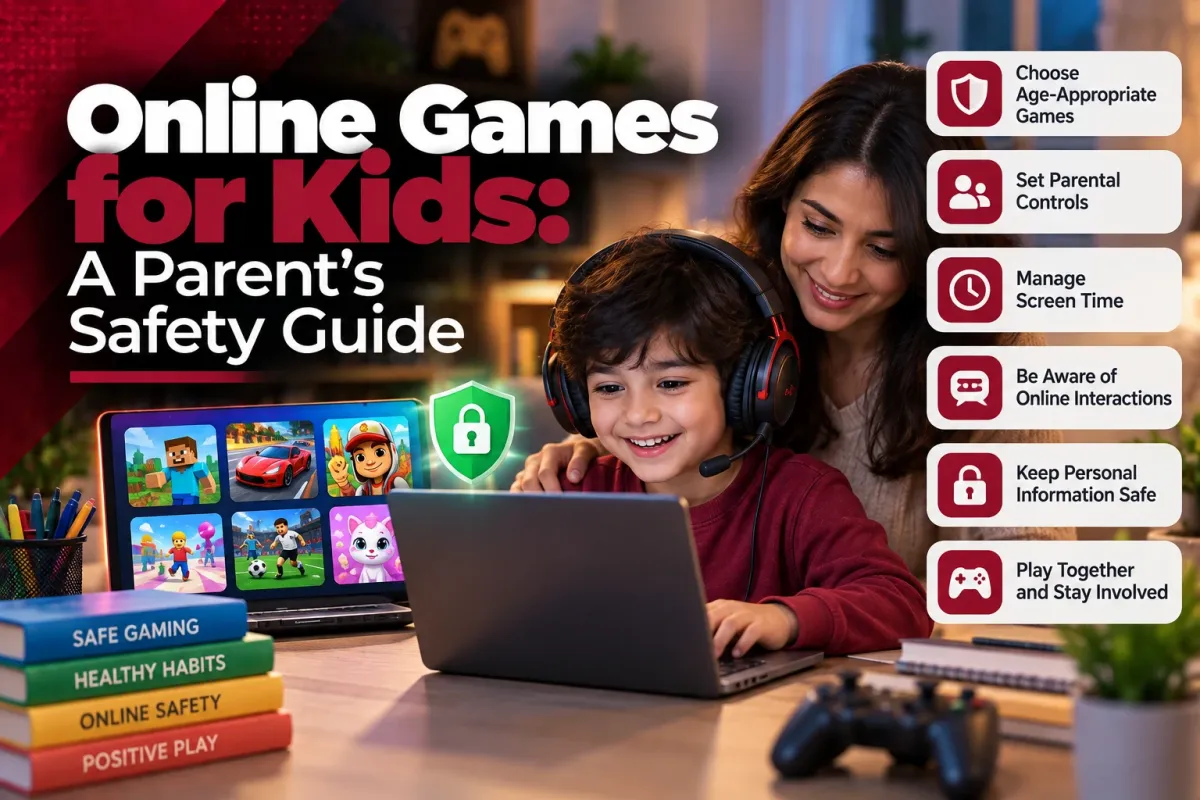A parent helps a smiling child play online games on a laptop, next to six safety tips such as choosing age-appropriate games and managing screen time