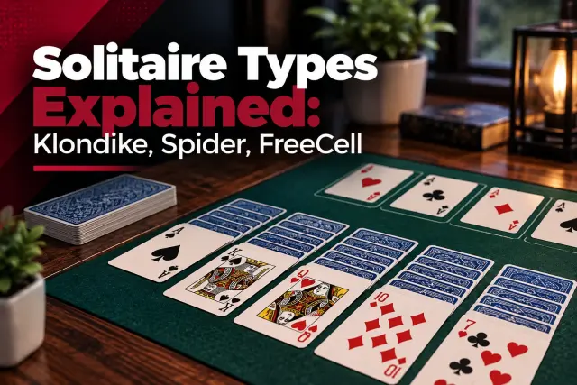 A game of Klondike solitaire laid out on a green felt table, with the title Solitaire Types Explained: Klondike, Spider, FreeCell