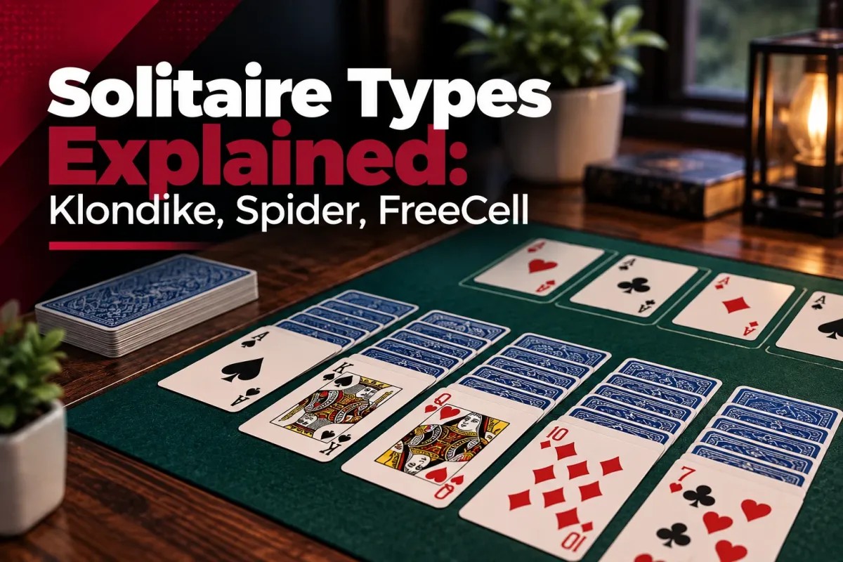 A game of Klondike solitaire laid out on a green felt table, with the title Solitaire Types Explained: Klondike, Spider, FreeCell