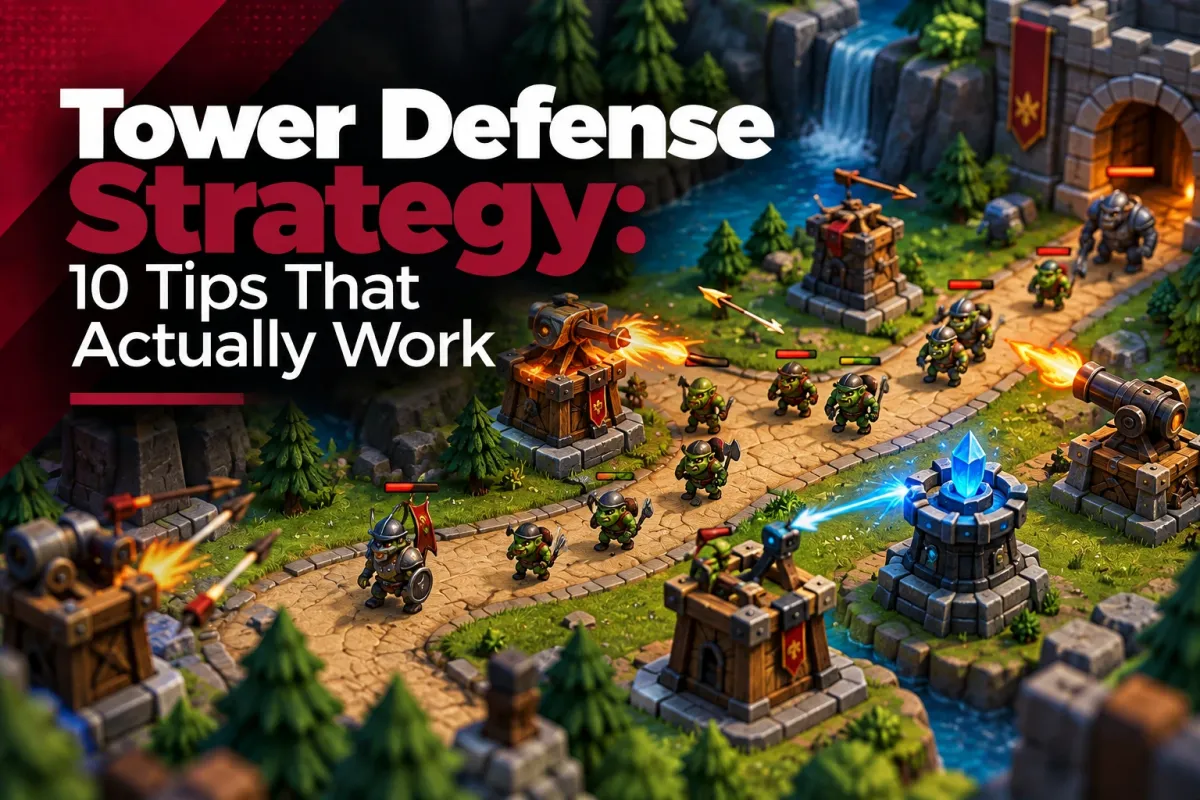 Archer, cannon and magic towers defending a winding path from goblin attackers, with the title Tower Defense Strategy: 10 Tips That Actually Work